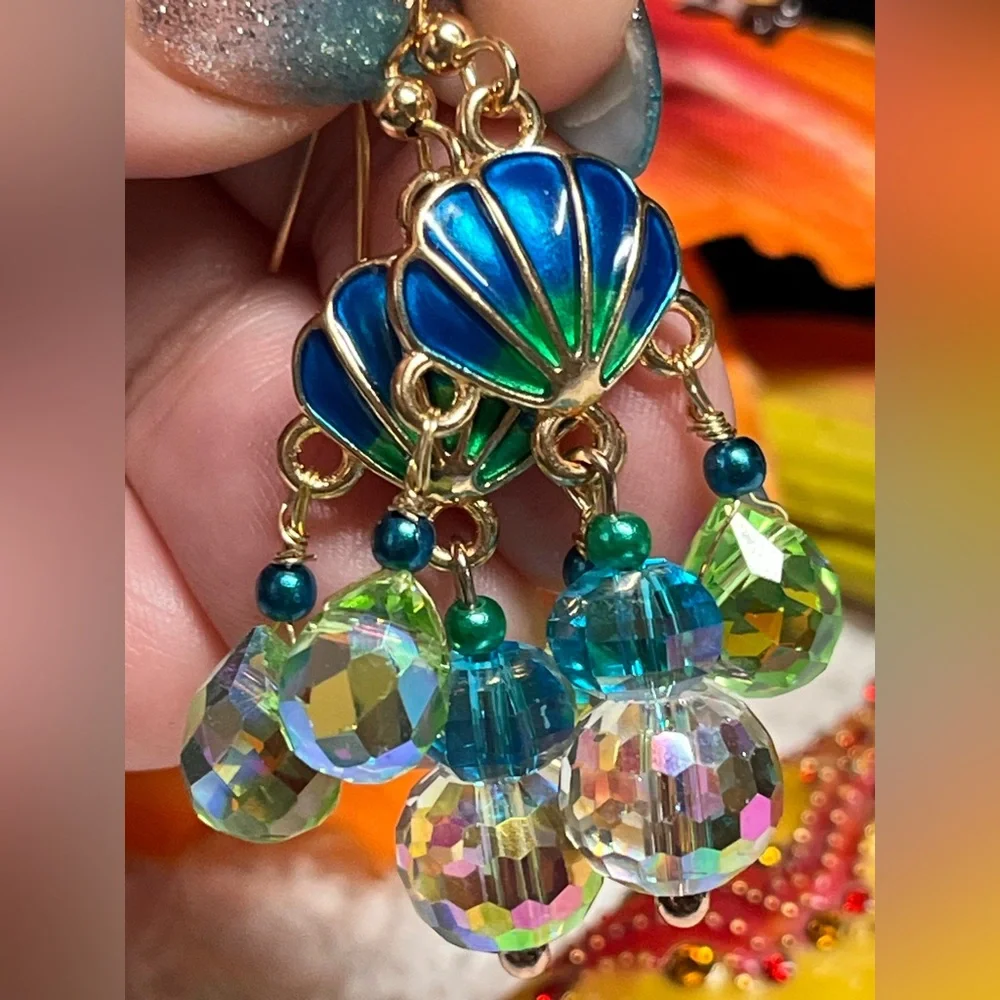 Gold, Green and Blue Shell Dangle Earrings - Picture 5 of 12